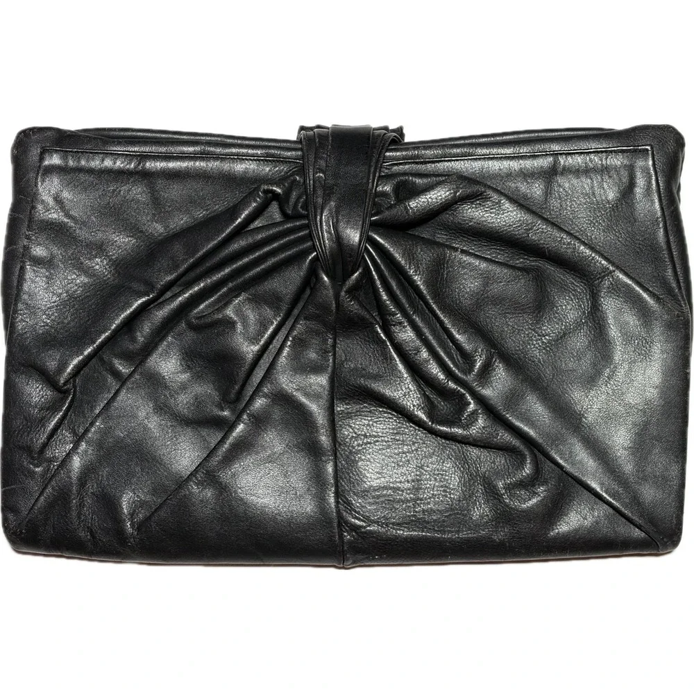 Vtg 80s Black Leather Clutch Bag Oversized Evening Purse Magnetic Snap‎ DMGD